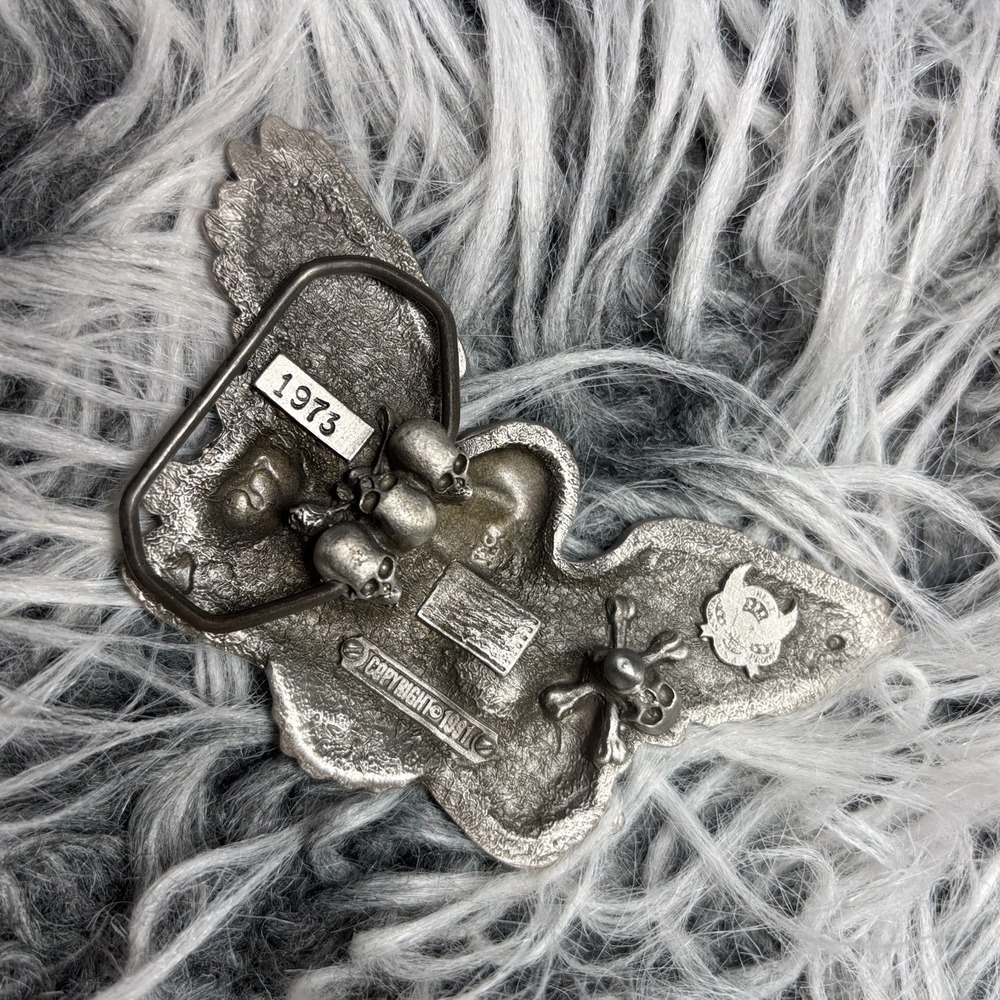 Vintage 1973 Skull‎ Biker Gothic Silver-Toned Metal Belt Buckle Bad to the Bone - Picture 10 of 14